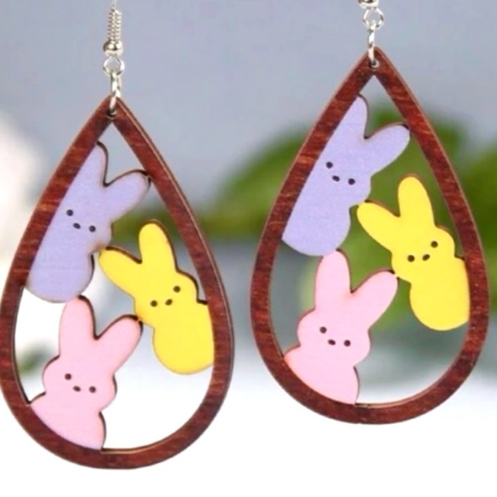 Wooden Bunny Dangle Earrings